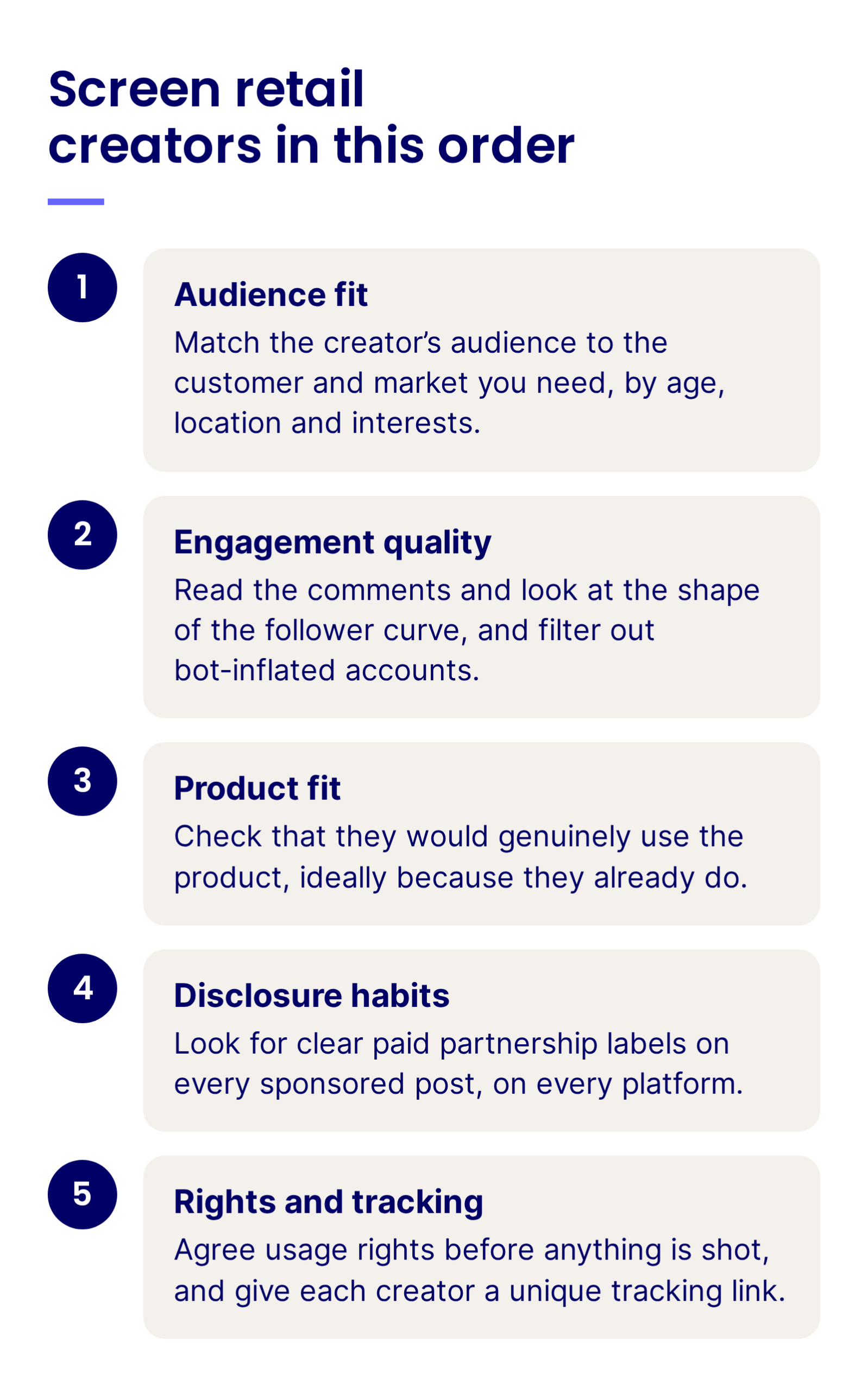 Creator screening order for retail brands: audience fit, engagement quality, product fit, disclosure habits, then rights and tracking