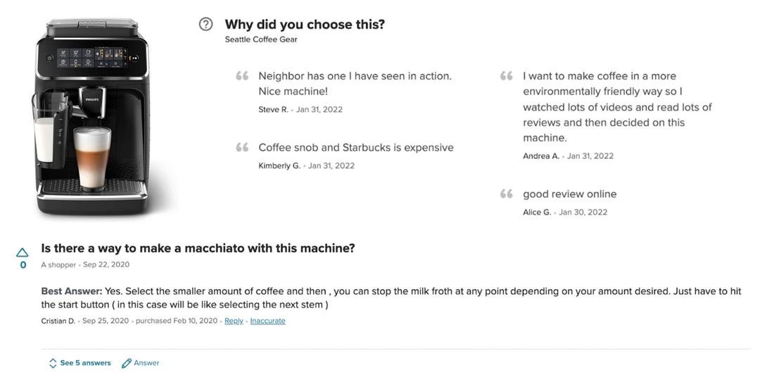 Seattle Coffee Gear product page for a Philips espresso machine, showing short customer answers to “Why did you choose this?” and a shopper question, “Is there a way to make a macchiato with this machine?”, with a best answer from a verified owner