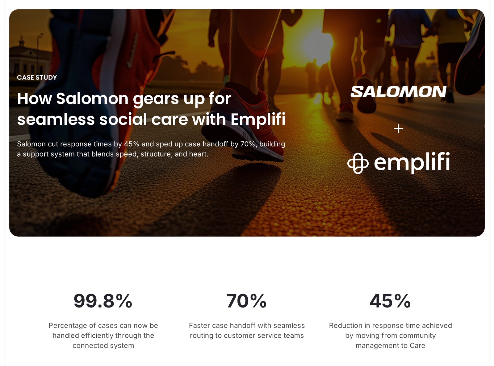 Salomon customer story on emplifi.io: the headline How Salomon gears up for seamless social care with Emplifi over runners on a road at sunrise, with the Salomon and Emplifi logos and three result figures
