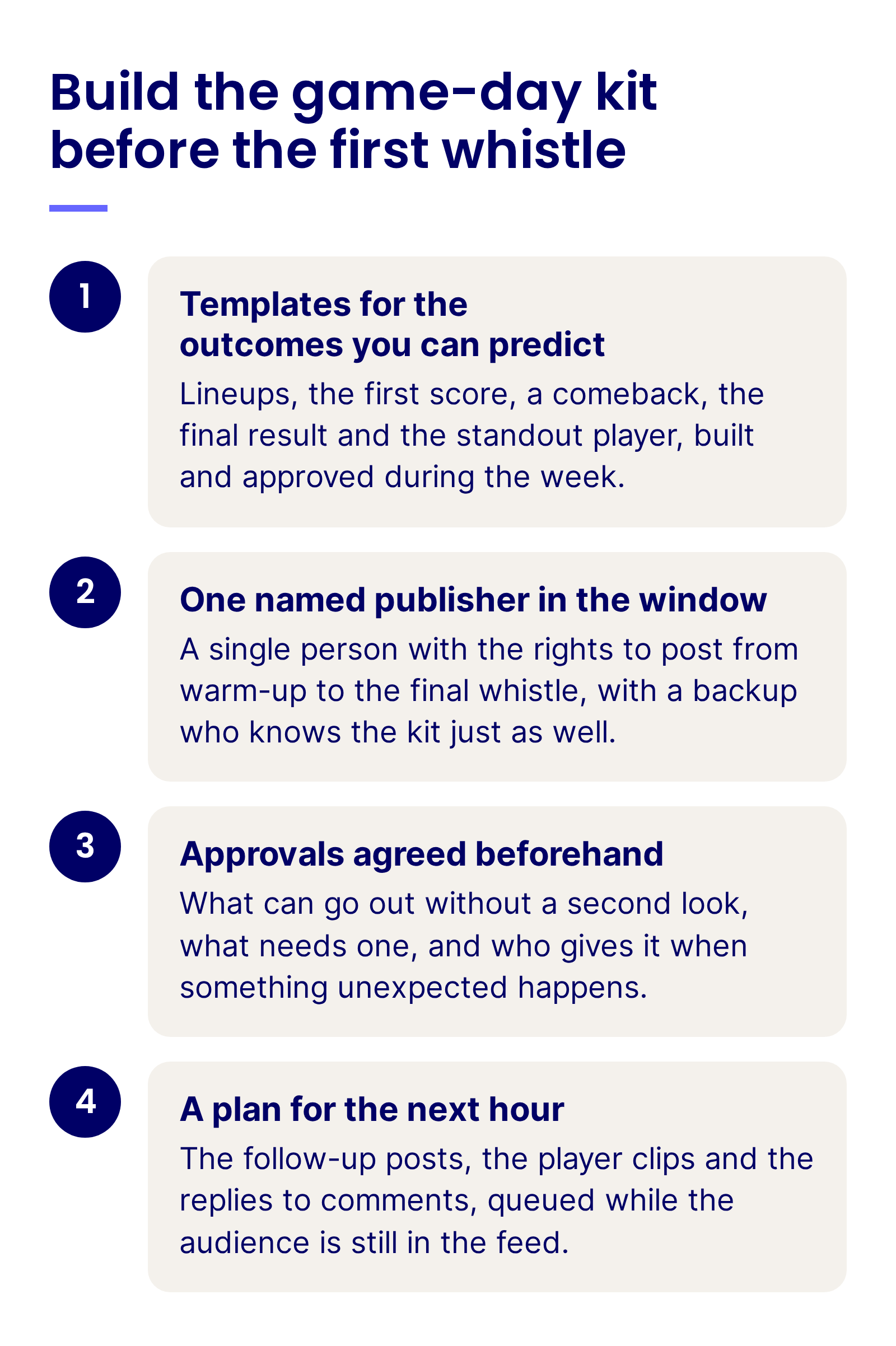 Build the game-day kit before the first whistle: templates for the outcomes you can predict, one named publisher in the window, approvals agreed beforehand, and a plan for the next hour