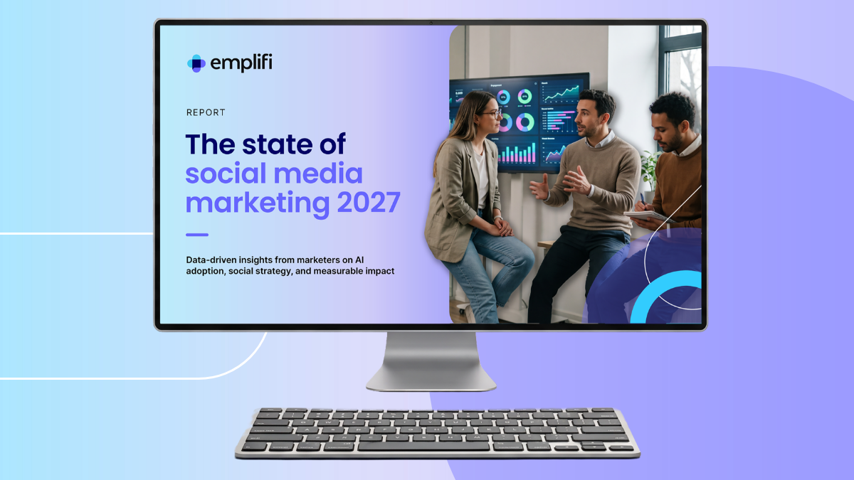 Cover of Emplifi's The state of social media marketing 2027 report on a desktop monitor