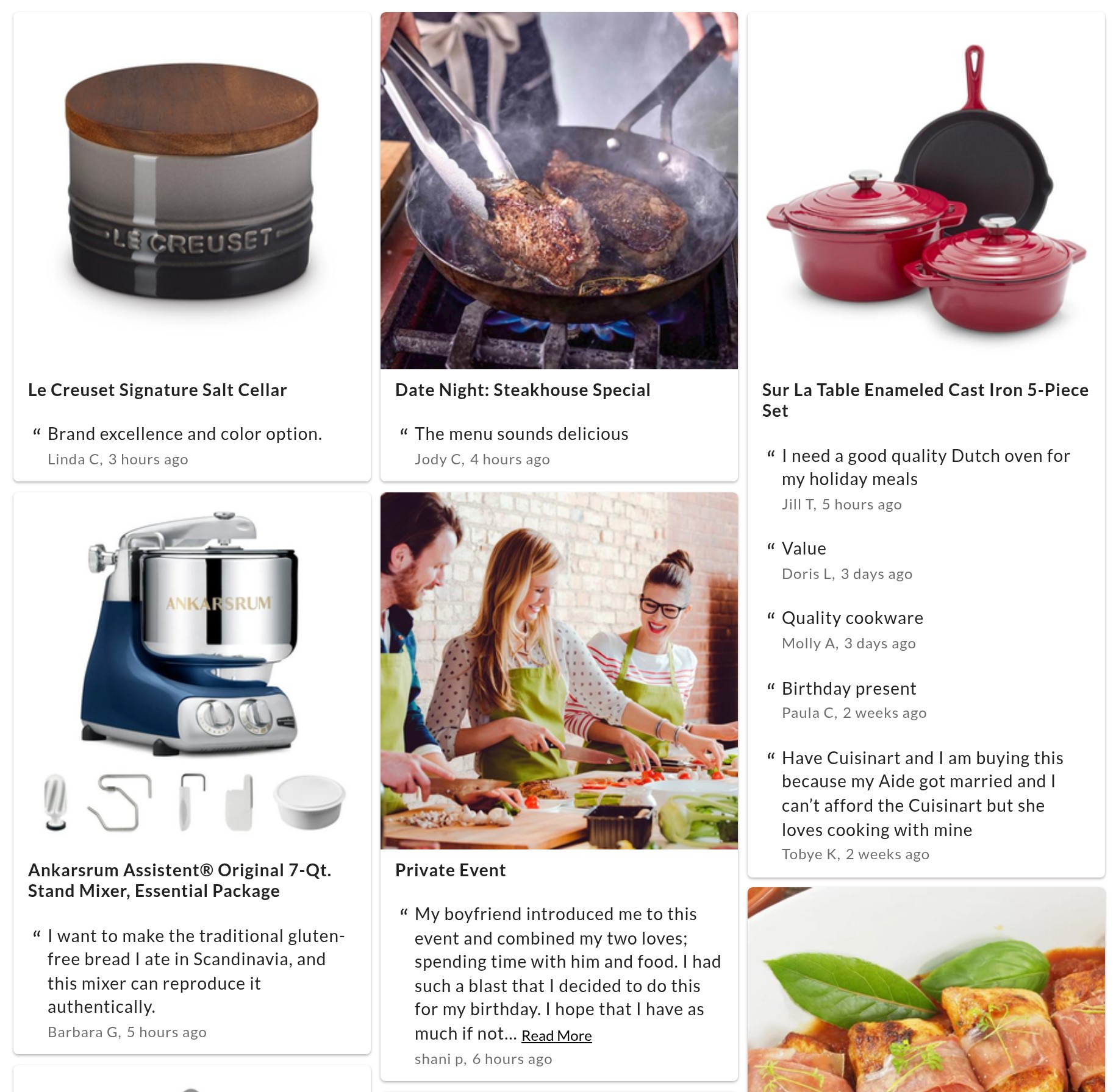 Sur La Table's Cart Talk page: cards for a salt cellar, an enameled cast iron set, a stand mixer and cooking classes, each with short comments customers left at checkout