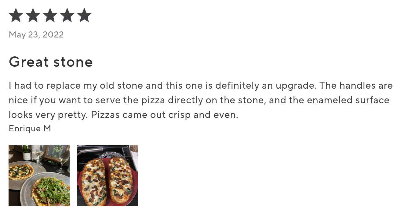 A five-star Sur La Table review titled "Great stone" with two customer photos of homemade pizzas