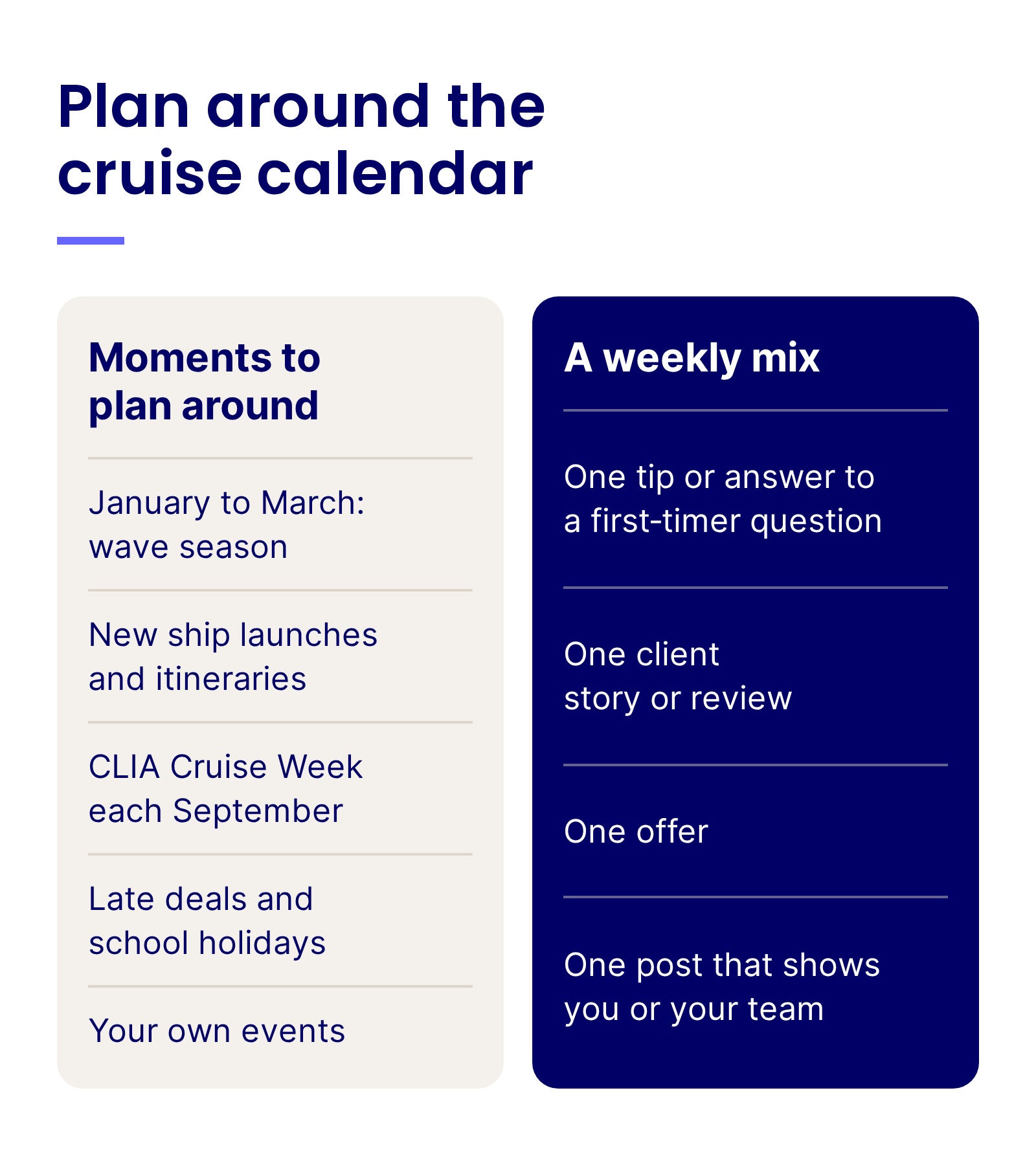 A cruise content calendar for travel agents: wave season from January to March, new ship launches and itineraries, CLIA Cruise Week each September, late deals and school holidays, and your own events, plus a weekly mix of one tip, one client story, one offer and one post that shows you or your team