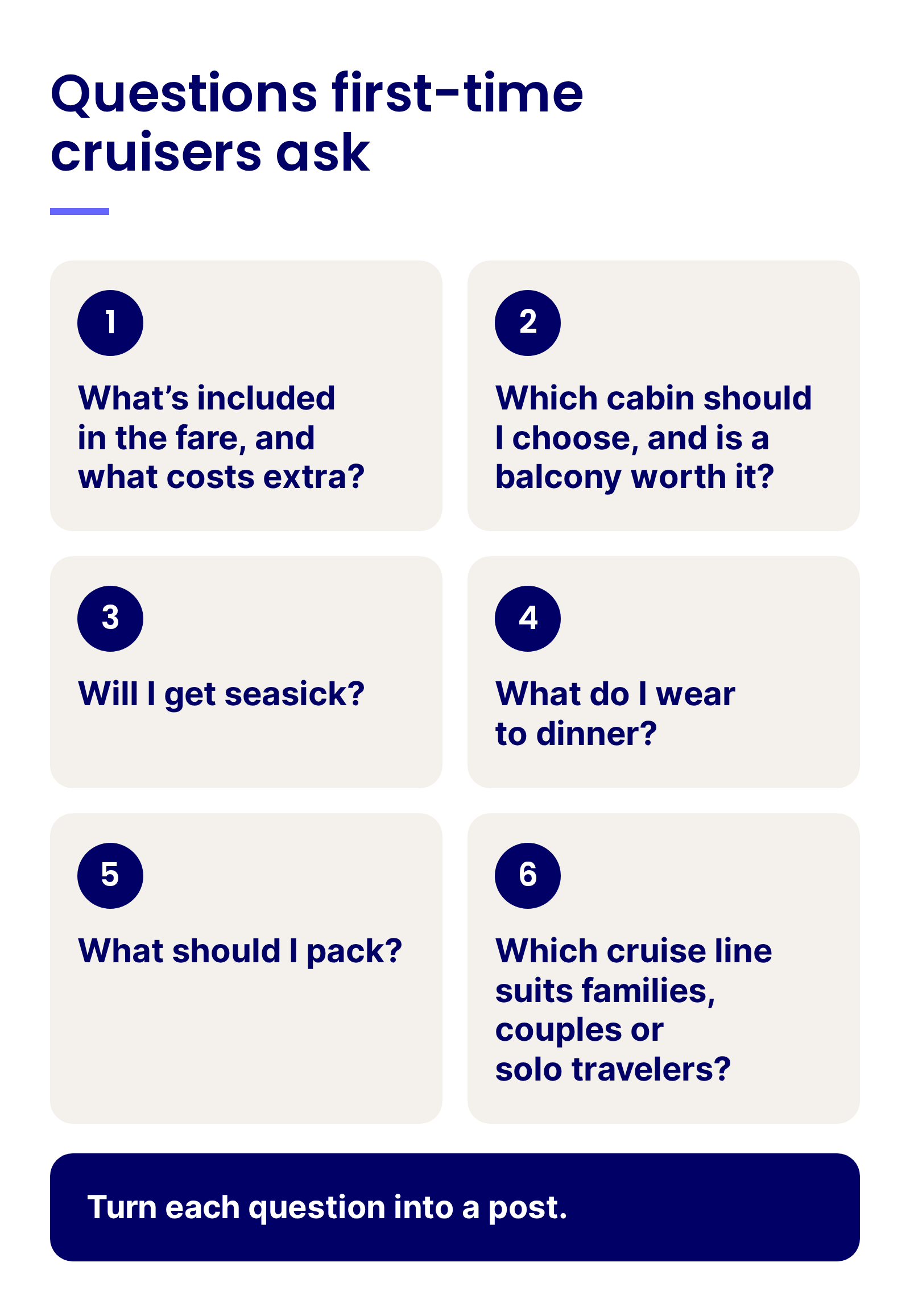 Six questions first-time cruisers ask, each one a post for a travel agent: what is included in the fare and what costs extra, which cabin to choose and whether a balcony is worth it, will I get seasick, what do I wear to dinner, what should I pack, and which cruise line suits families, couples or solo travelers